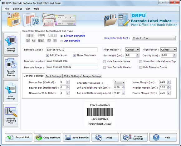 Screenshot of Post Office and Bank Barcode Software