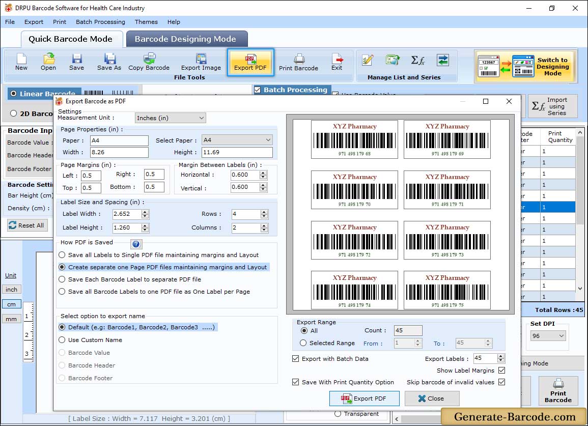 Healthcare Barcode Export PDF