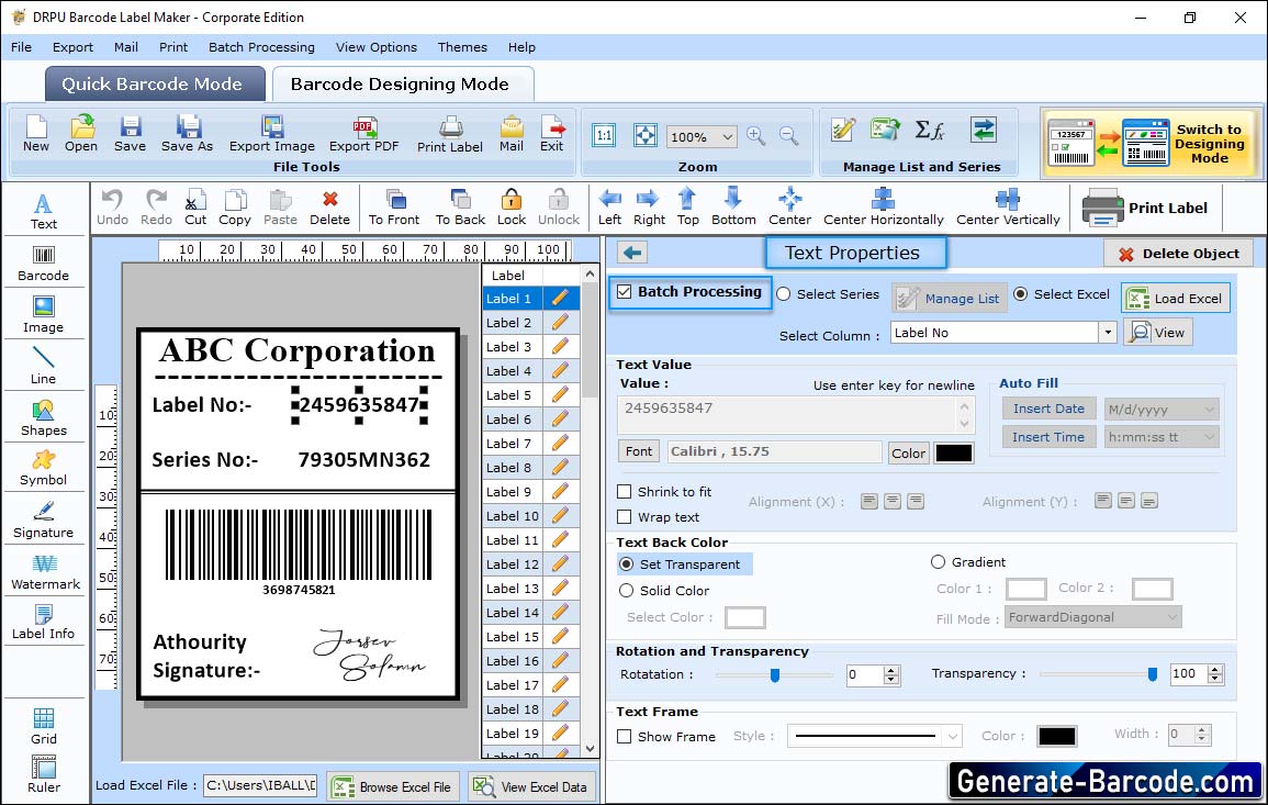 Barcode-Texteigenschaften