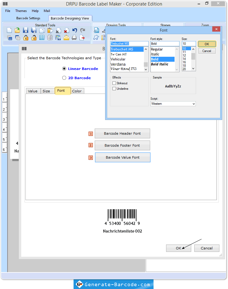 Handbuchs Drucken - Barcode-Einstellungen