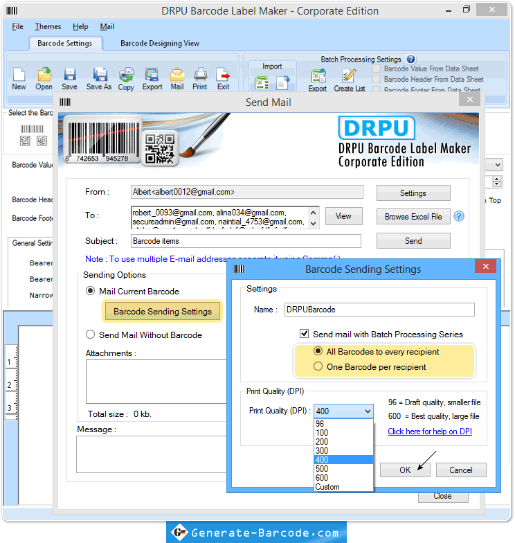 Barcode-Einstellungen für das Senden