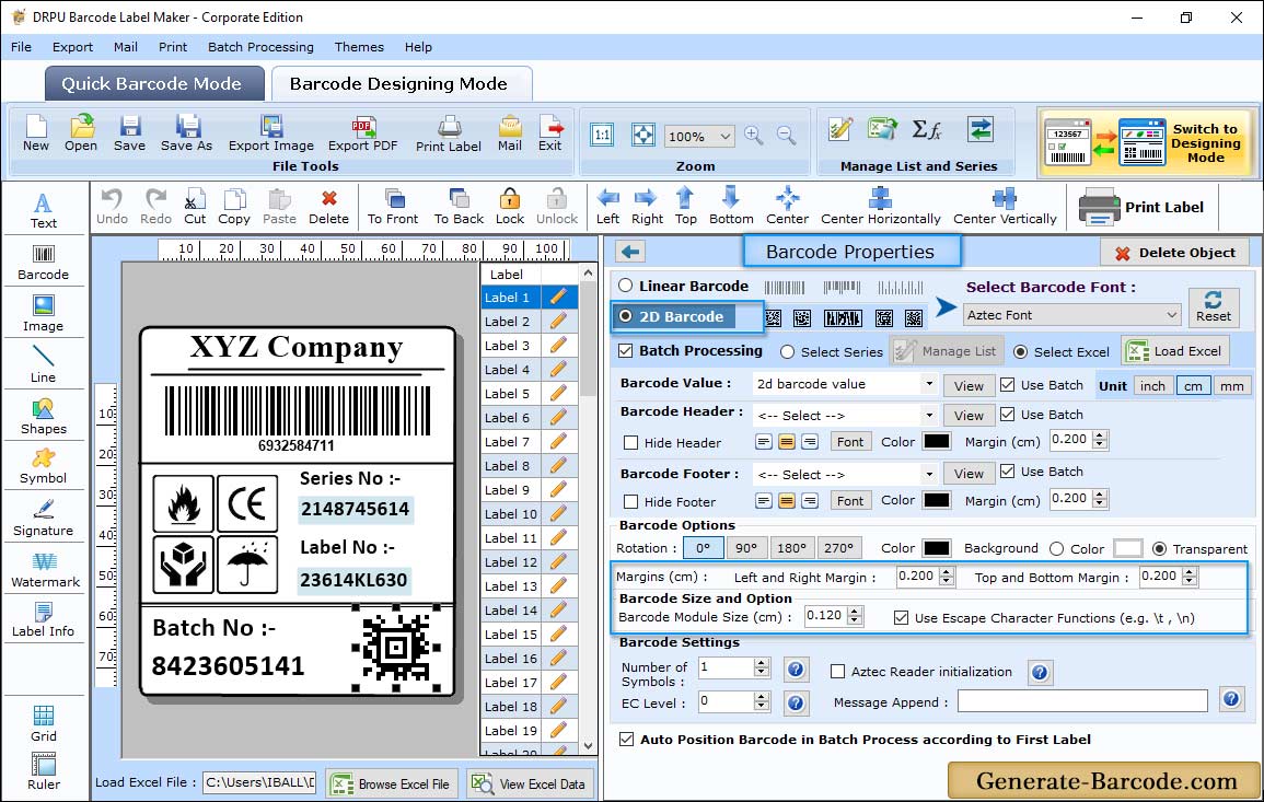 Aztec Barcode Properties - Size