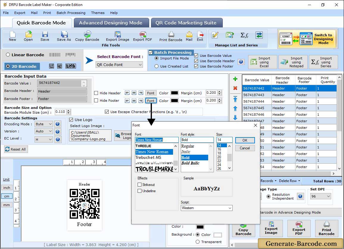 Corporate Barcode Software font setting