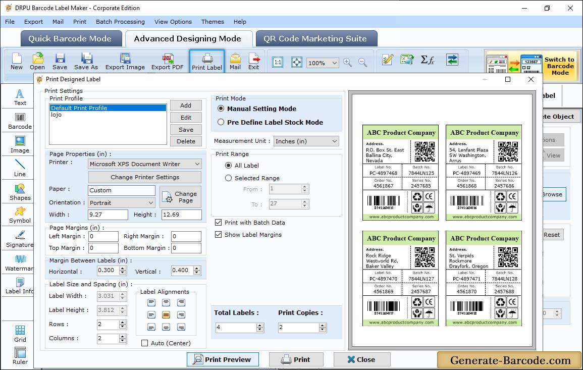 Corporate Barcode Print Properties