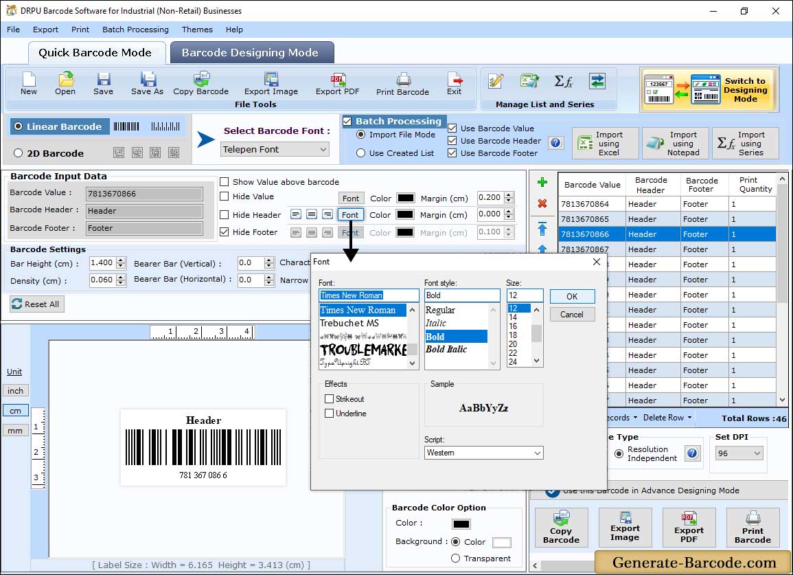  Barcode Industrial Font setting