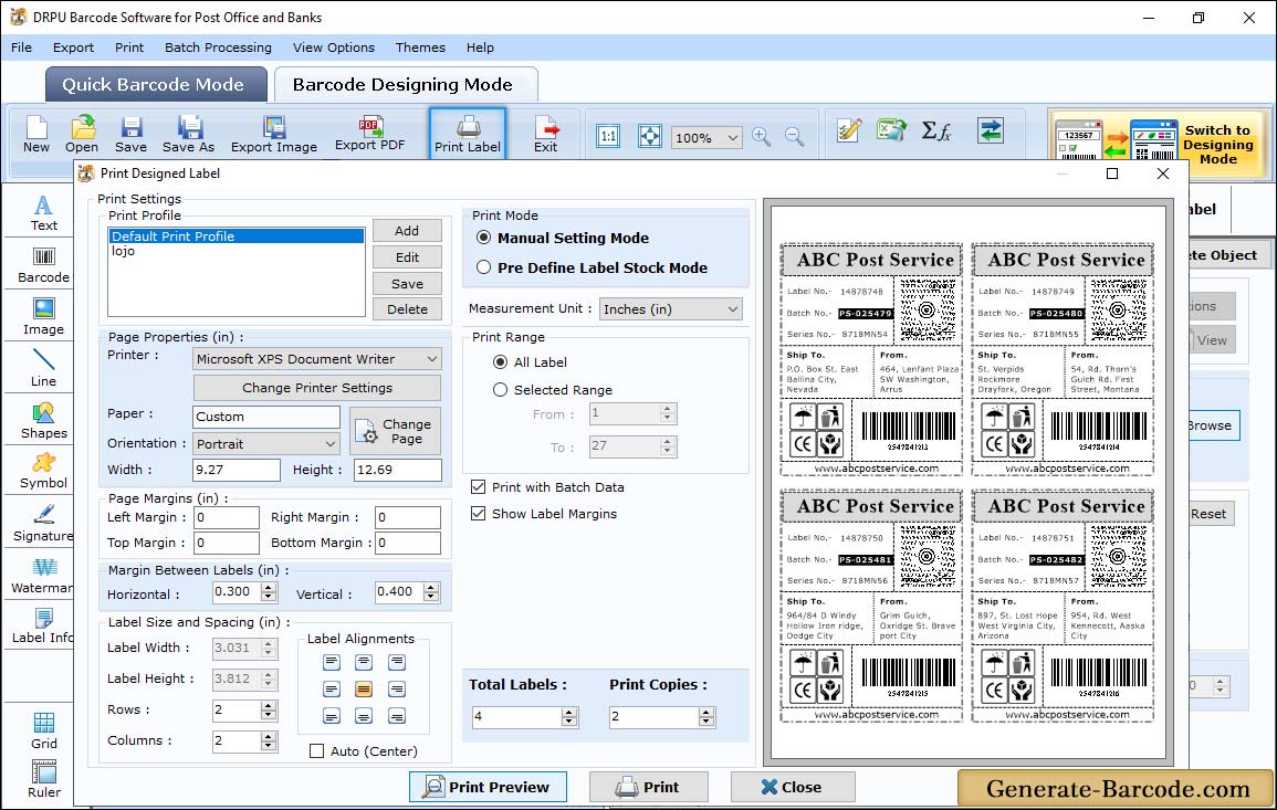 Post Office and Bank Barcode Print Properties