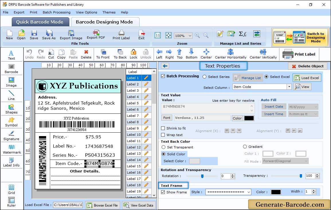 Publisher Library Barcode Text Properties