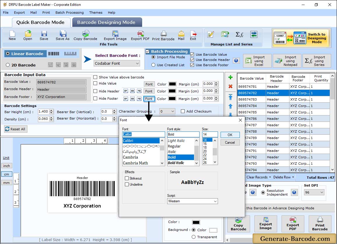 Barcode Settings Option - Font Settings