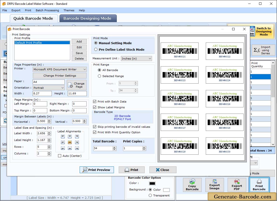 Barcode Standard Print Settings