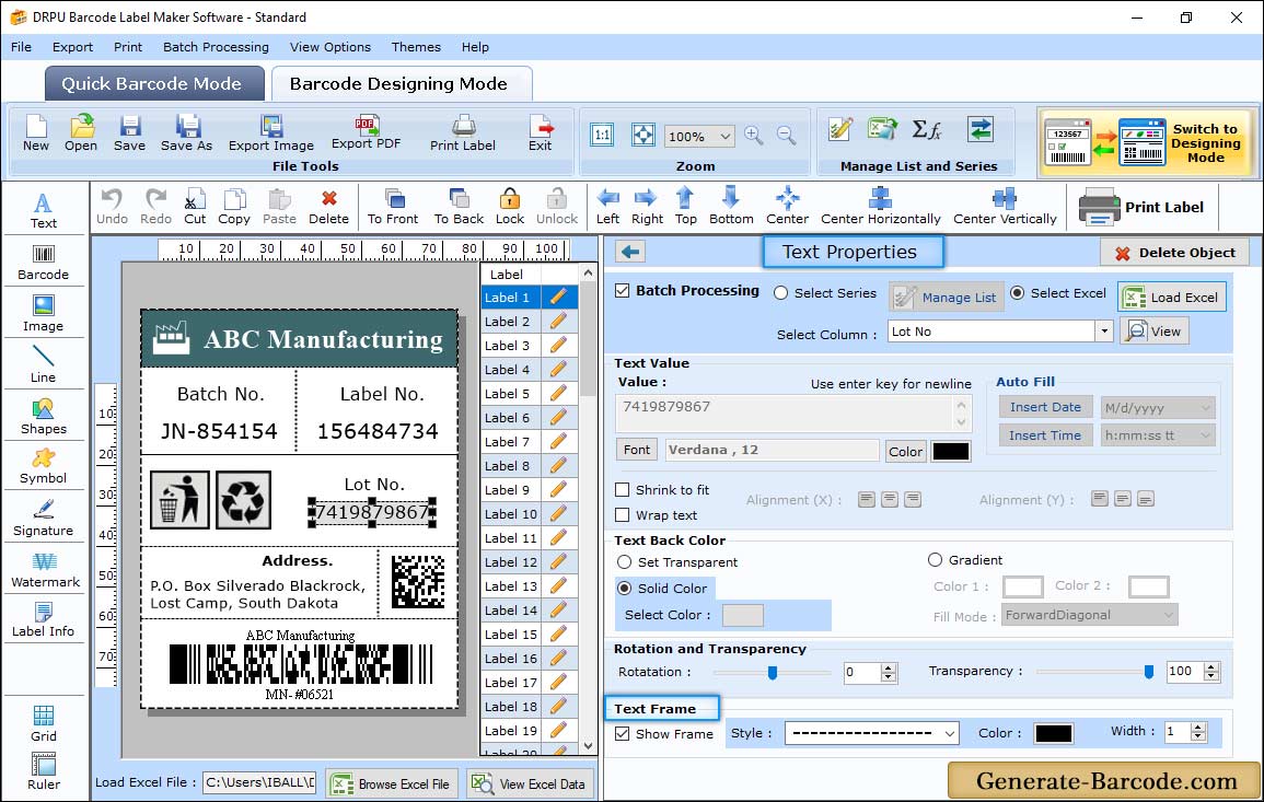 Standard Barcode Text Properties