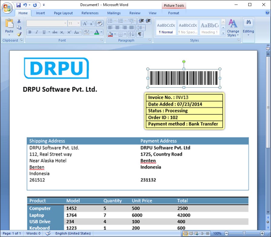 Pasted Barcode on MS-Word