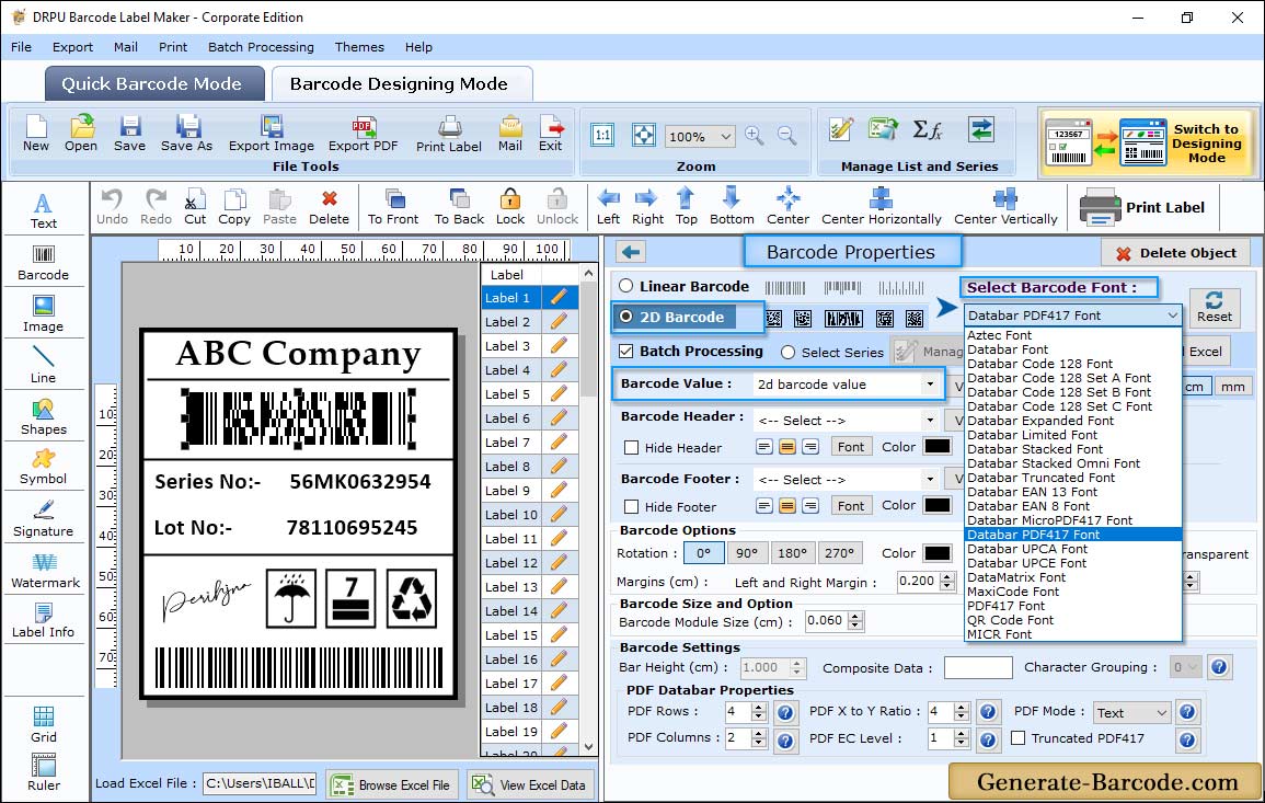 Databar PDF417 Barcode Properties