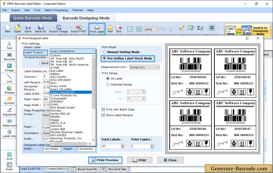 Pre define label stock print mode