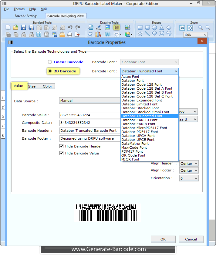 Create and print Databar Truncated Barcode Font – Generate-Barcode.com