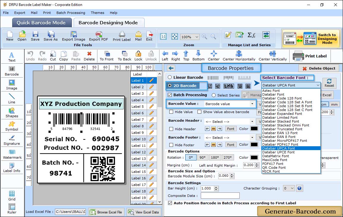 Databar UPCA Barcode Properties