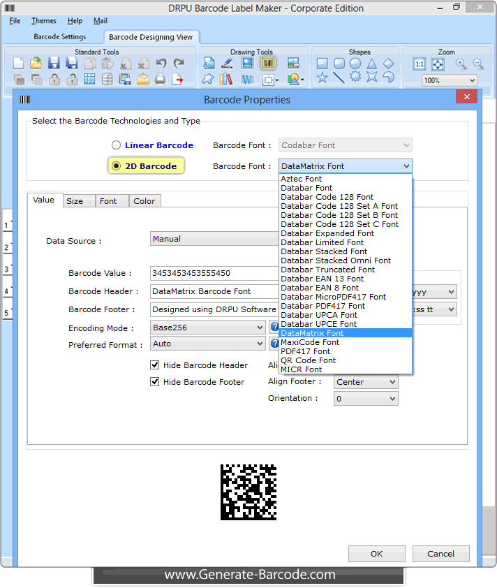 Design and print DataMatrix Barcode Font