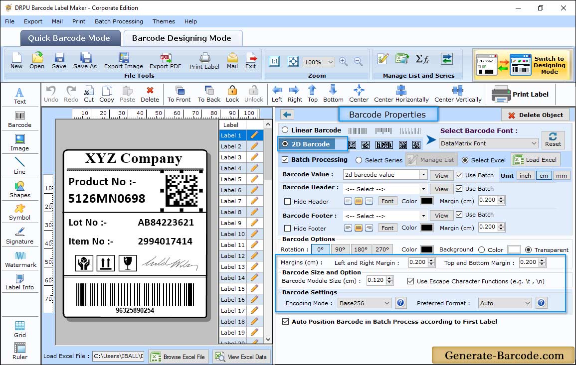 DataMatrix Barcode Properties - Size