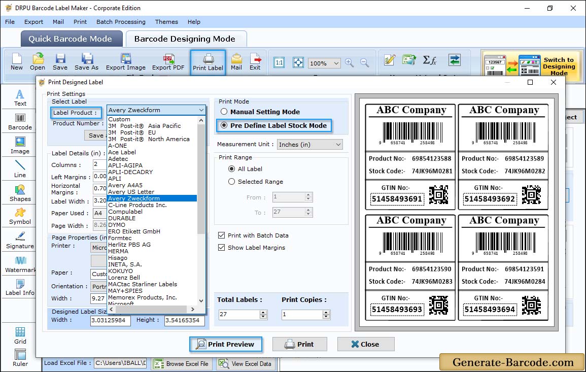 Pre define label stock print mode