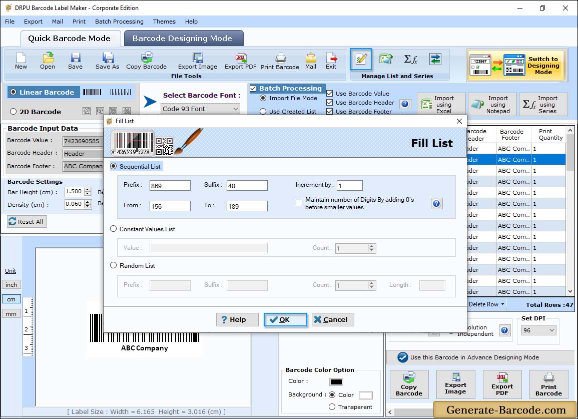 Generate list - Barcode Maker Software