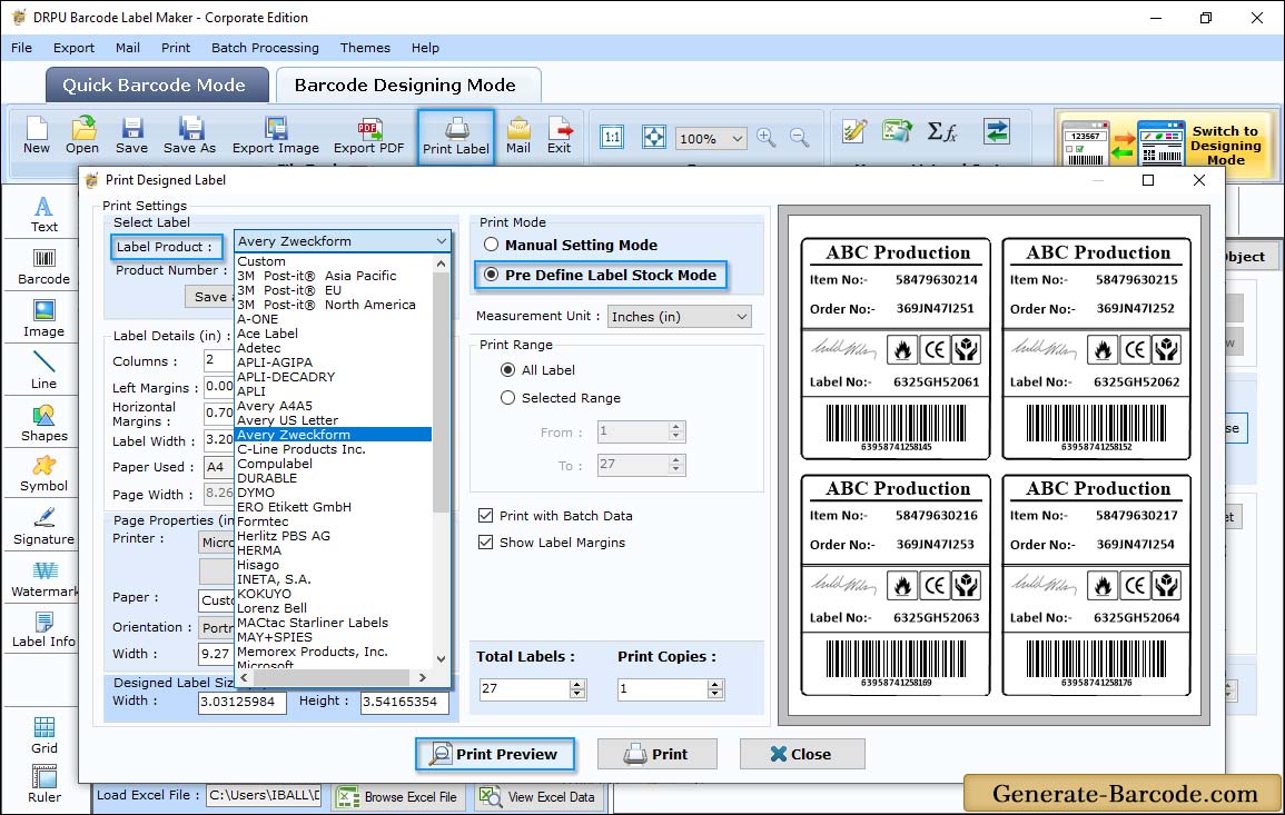 Pre define label stocks Print Mode