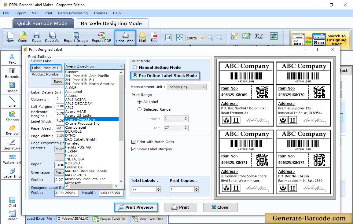 Pre-define label stocks Print Mode