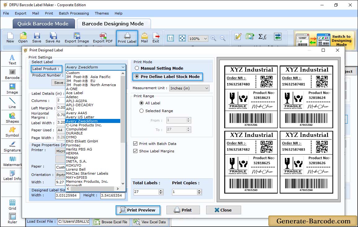 Print MSI Plessey with Pre defined label stocks