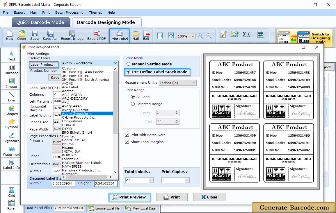 Pre define label stocks Print Mode