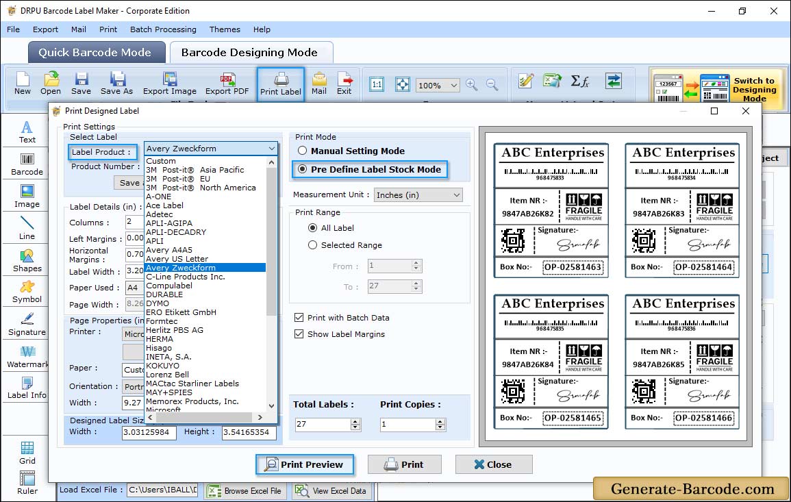 Pre define label stocks Print Mode