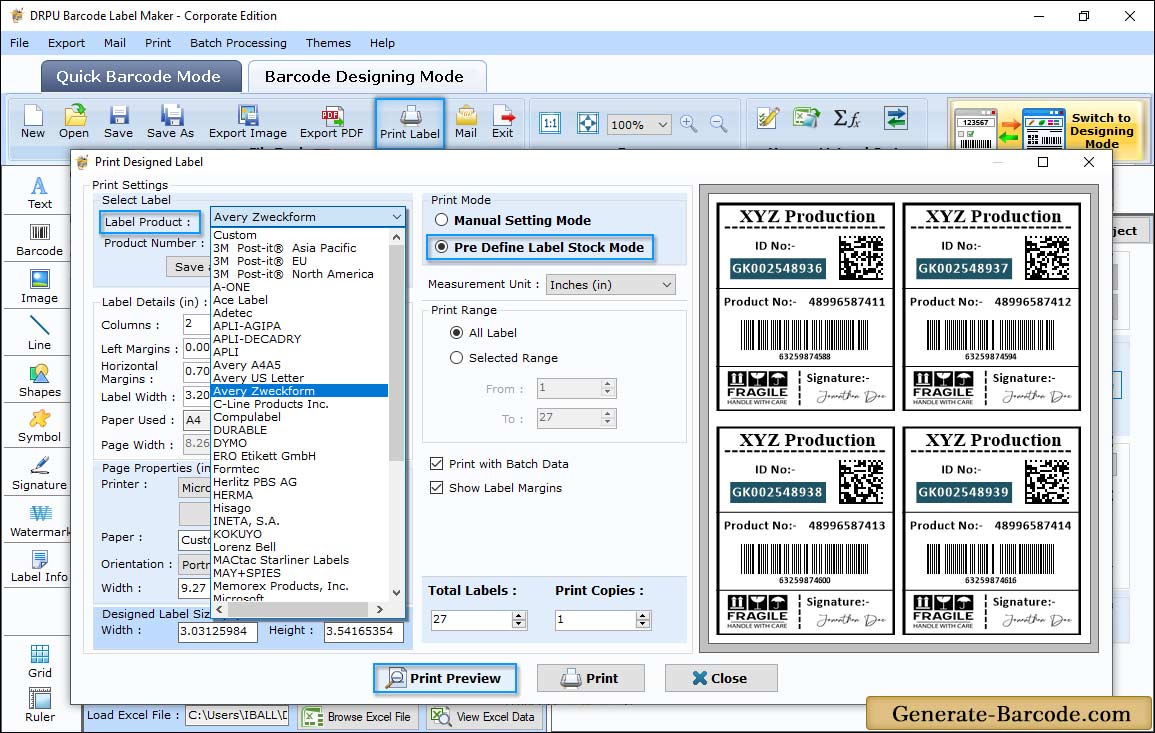 Pre define label stocks Print Mode