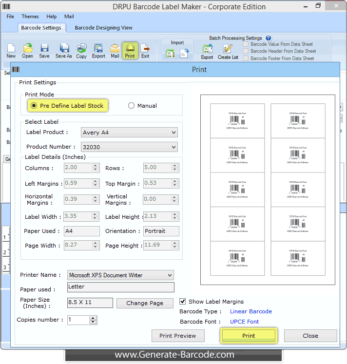 Pre Define Label Stock Print Settings